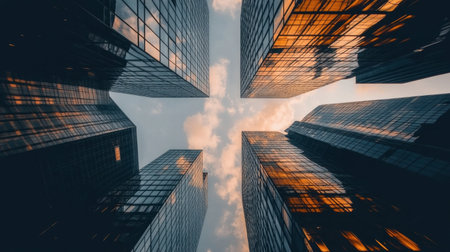 Captivating view of urban skyscrapers reflecting sunlight against a blue sky with fluffy clouds, highlighting modern architectural design and perspective.の素材