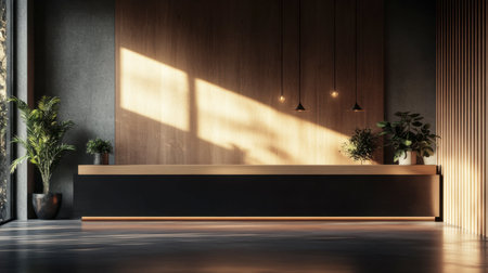 Sleek modern reception desk with warm wood accents, featuring soft lighting and ambient plants, creating a tranquil and inviting office environment.の素材