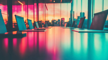 A modern conference room featuring a sleek table and chairs, illuminated by the vibrant colors of a sunset reflecting through large glass windows. Perfect for a professional meeting atmosphere.の素材
