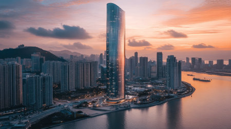 A stunning view of a modern skyscraper reflecting in a river at sunset, highlighting the beauty of urban architecture in a vibrant cityscape.の素材