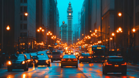 A stunning urban scene showcasing a busy street illuminated by streetlights, featuring cars in motion amidst towering buildings at dusk.の素材