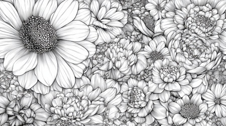 This intricate floral line art showcases an array of flowers in a delicate monochrome design, perfect for enhancing any creative project or background.の素材