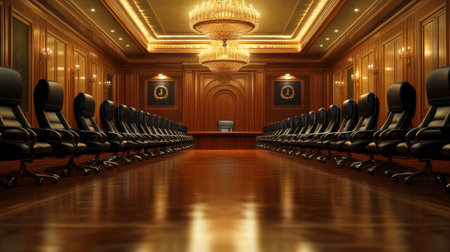 A luxurious conference room featuring elegant decor, wooden details, and an impressive chandelier. Ideal for professional meetings and gatherings.の素材