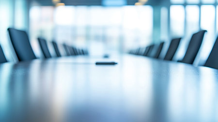 A modern conference room featuring a long table and chairs in a blur. The setting provides a professional atmosphere for meetings and teamwork.の素材