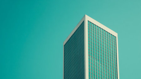 A striking modern architectural building rises against a bright blue sky. The sleek glass facade and geometric design showcase contemporary urban architecture.の素材