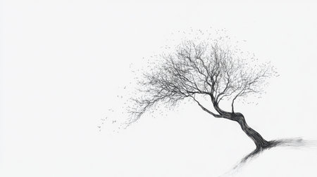 A striking silhouette of a tree with intricate branches, gently bending in the wind. This minimalist artwork captures the essence of solitude and natureの素材