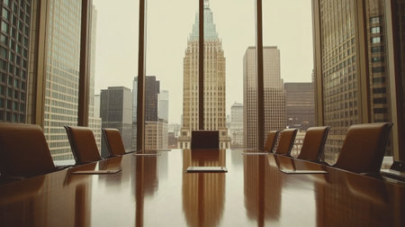Spacious conference room features a sleek table and chairs with a stunning city skyline view through large glass windows, providing an inspiring atmosphere for meetings.の素材