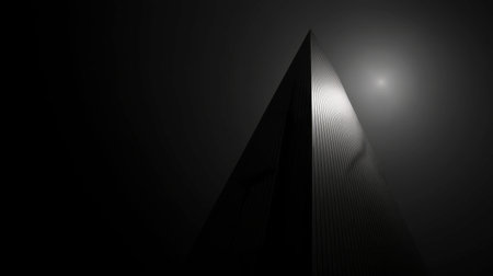 A striking tall structure shrouded in fog, creating a dramatic atmosphere. The play of light and shadow adds depth and intrigue to the minimalist design.の素材