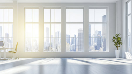 Bright and spacious modern office space featuring large windows with natural light and an urban skyline view, perfect for productivity and relaxation.の素材
