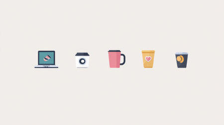 A collection of modern icons representing technology and lifestyle elements, including a laptop, camera, coffee cup, and beverage, ideal for creative projects.の素材