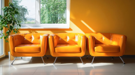A vibrant scene featuring three bright orange chairs arranged near a window, enhancing the modern interior with warmth and comfort, perfect for stylish living spaces.の素材