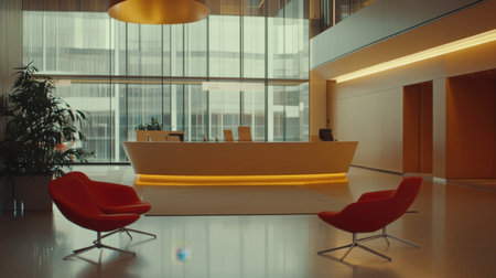 This modern lobby features a stylish reception desk with inviting seating. The design is minimalist, utilizing bright colors and large glass windows for a spacious, elegant atmosphere.の素材