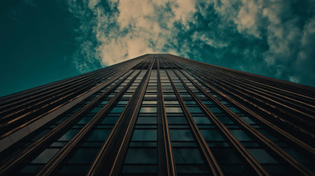 A striking view of a modern skyscraper reaching towards the clouds, showcasing intricate lines and glass panels. This image highlights urban architecture.の素材
