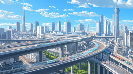 A vibrant urban cityscape showcasing modern architecture, busy highways, and a clear blue sky, ideal for themes of transportation and city life.の素材