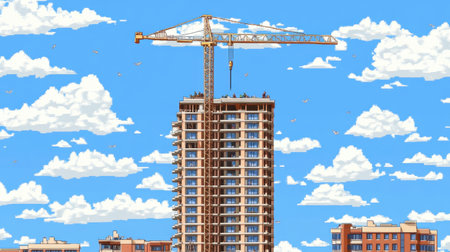 A vibrant construction scene featuring a tall building being erected with a crane under a bright blue sky dotted with fluffy clouds.の素材