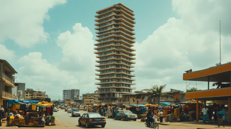 A vibrant urban scene showcasing a tall skyscraper amidst a bustling market. Bright skies and lively activities capture the essence of city life.の素材