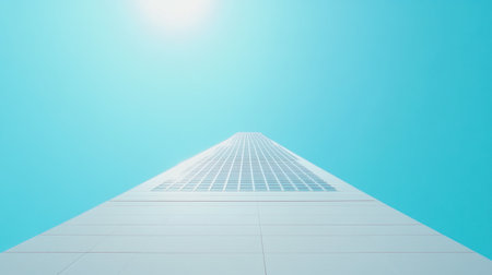 A striking modern skyscraper reaching upwards against a clear blue sky. The photo emphasizes clean lines, bright sunlight, and innovative architecture in an urban setting.の素材