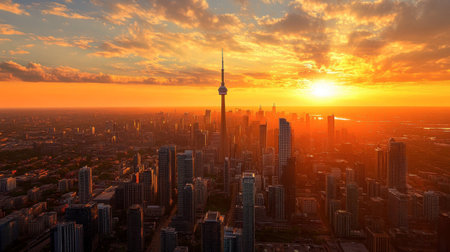 A breathtaking view of a sunset over Toronto's skyline, showcasing towering skyscrapers against a vibrant sky, perfect for travel and cityscape themes.の素材