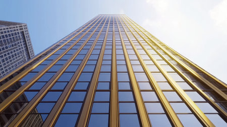 A tall modern skyscraper with a sleek glass facade under a bright sky. The perspective highlights the building's unique architecture and urban setting.の素材