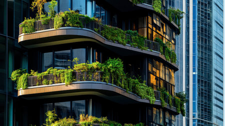 A striking modern building featuring lush vertical gardens and greenery on its balconies, blending urban living with nature and sustainability.の素材
