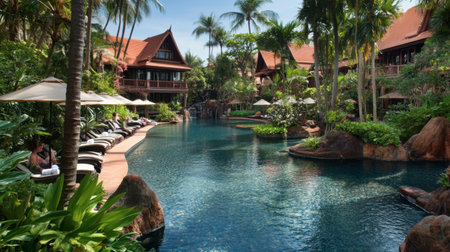 Experience a serene escape at this tropical resort featuring lush palms and a tranquil pool. Perfect for relaxation and rejuvenation in paradise.の素材