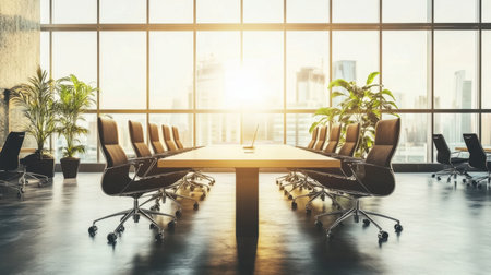 A sleek and modern conference room bathed in natural light, featuring a long table surrounded by ergonomic chairs and lush plants, ideal for business discussions.の素材