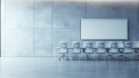A spacious and modern conference room featuring a minimalist design with sleek furniture, ideal for meetings and corporate discussions.の素材