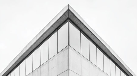 A striking view of a modern concrete building showcasing clean lines and reflective glass. The minimalist design emphasizes geometric patterns and symmetry.の素材