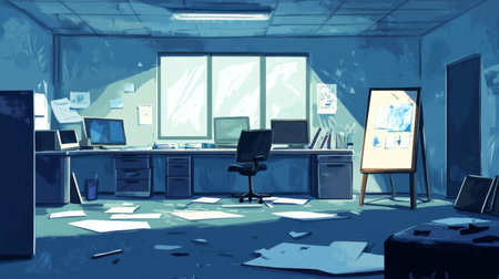 A cluttered office space featuring scattered papers, an empty chair, and illuminated by natural light through a large window, creating a creative yet chaotic atmosphere.の素材