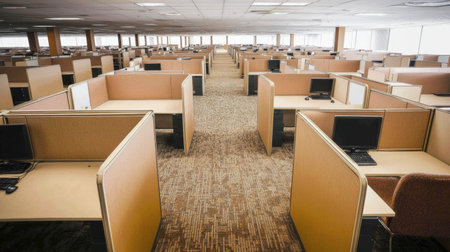 A spacious and modern office layout featuring numerous cubicles and workstations. The image highlights a clean, organized workspace ideal for professionals.の素材