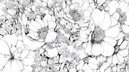Intricate line art of blooming flowers creates a stunning monochrome pattern, perfect for backgrounds, wall art, or creative projects. Inspirational and unique.の素材