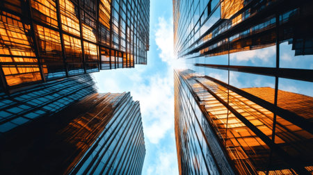A captivating view of modern skyscrapers with reflective glass surfaces, contrasting with a blue sky and clouds, showcasing urban architecture and design.の素材