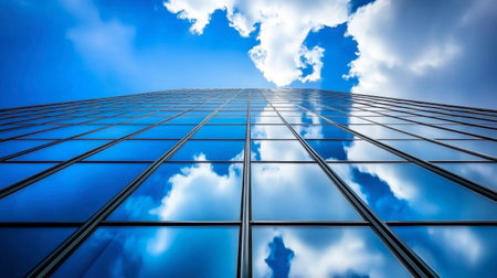 A stunning view of a modern building's glass facade reflecting fluffy clouds against a bright blue sky, showcasing urban architecture and tranquility.の素材