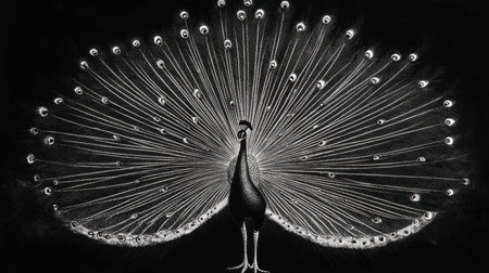 A striking image of a peacock proudly displaying its vibrant feathers, showcasing the intricate beauty and elegance of wildlife in a stunning composition.の素材