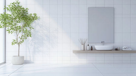A serene minimalist bathroom featuring clean lines and natural elements. The bright space includes a sleek sink, a simple mirror, and a potted plant, creating a calming atmosphere.の素材