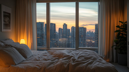 A serene bedroom with a stunning city skyline view at sunset, featuring soft bedding and a warm ambiance. Perfect for showcasing cozy living spaces.の素材