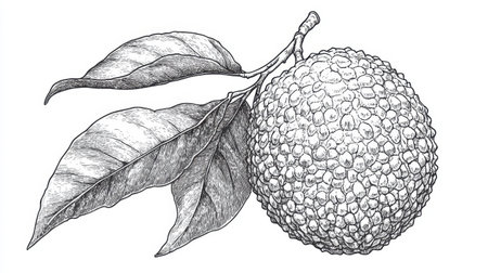 A detailed black and white illustration of a lychee fruit with leaves, perfect for botanical-themed projects, food illustrations, and educational materials.の素材