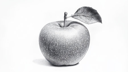 A highly detailed pencil drawing of a single apple with a leaf, showcasing realistic texture and form. Perfect for art and nature enthusiasts.の素材