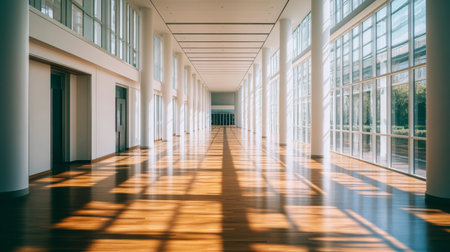 A bright and spacious modern hallway featuring large windows that allow natural light to stream in, creating beautiful shadows on the wooden floor.の素材