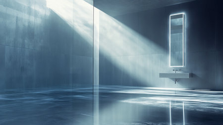 A sleek, modern bathroom featuring a neon-lit mirror and polished flooring. The minimalist design creates a serene atmosphere with natural light and textures.の素材