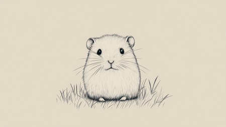 A charming illustration of a cute hamster sitting on grass. This adorable art captures the essence of a pet, perfect for animal lovers and illustrations.の素材