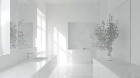 A bright minimalist bathroom featuring elegant marble surfaces and a touch of greenery. This serene space invites relaxation and tranquility through natural light and simplicity.の素材
