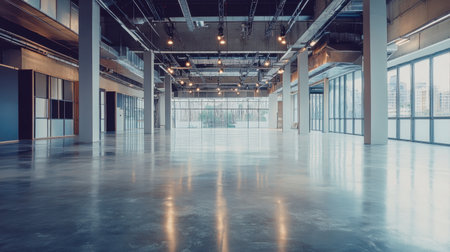 A spacious modern interior featuring polished floors and ample natural light. Ideal for creative events, showcasing versatility in design.の素材