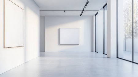 A spacious modern art gallery showcasing empty walls and large windows. The minimalist design emphasizes natural light, creating a serene atmosphere perfect for art exhibitions.の素材