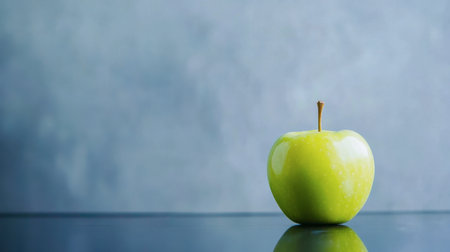 A vibrant green apple sits elegantly on a glossy surface, showcasing its fresh and healthy qualities. Ideal for food and nutrition-themed projects.の素材
