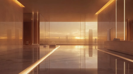 A stunning luxurious interior showcasing sleek design and warm sunset tones, featuring marble floors and a breathtaking skyline view that exudes tranquility and elegance.の素材