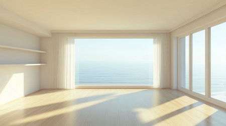 Spacious minimalist room showcasing a stunning ocean view, bathed in natural light. Ideal for tranquil retreats, relaxation, and modern living.の素材