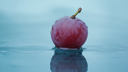 A single red grape with water droplets sits gracefully in clear water, showcasing its glossy texture and vibrant color, perfect for a fresh fruit theme.の素材