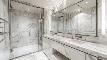 A luxurious bathroom featuring stunning marble surfaces and modern fixtures. The sleek design, bright lighting, and spacious layout create a serene environment for relaxation.の素材