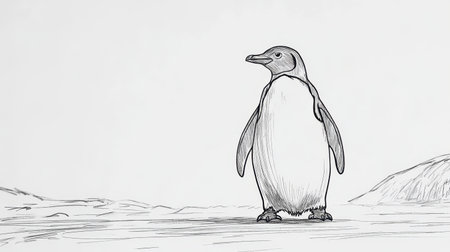 A hand-drawn penguin stands proudly on an icy landscape, showcasing its elegance and charm. This minimalist illustration captures the essence of cold wildlife beautifully.の素材